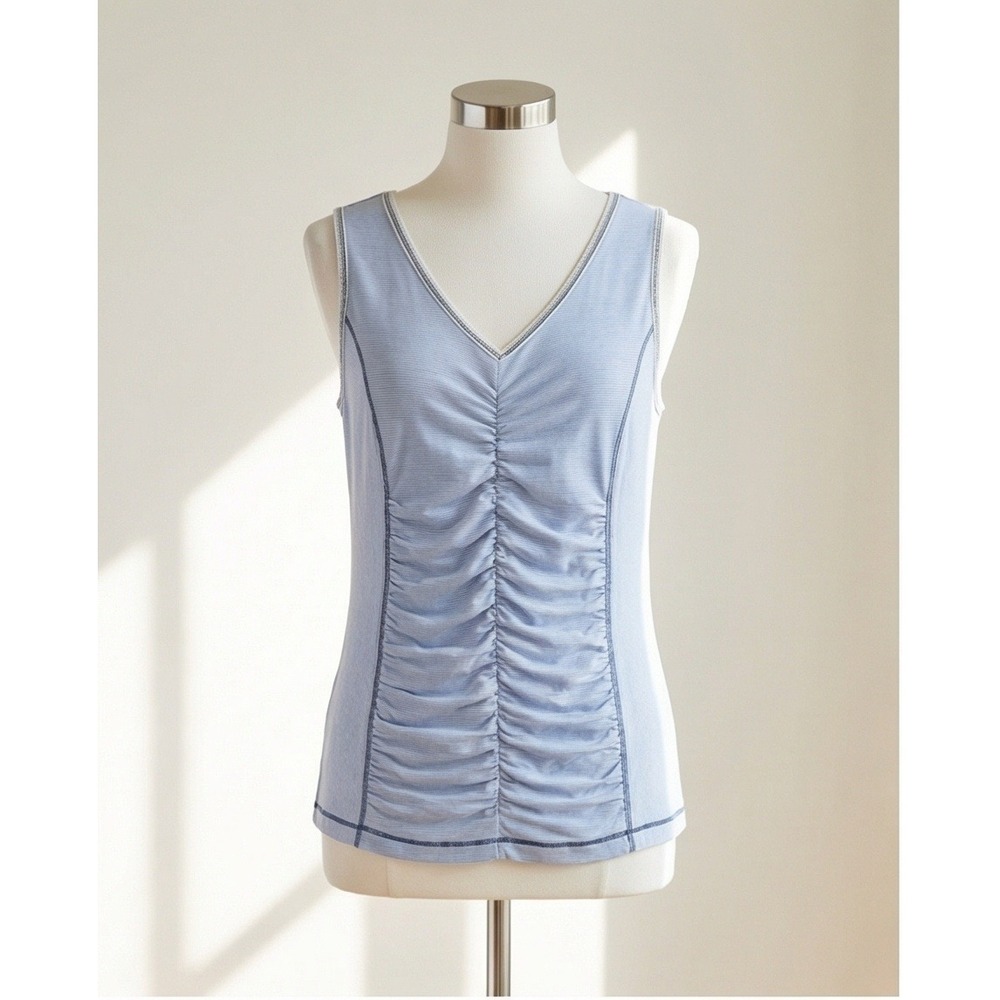 Zenergy by Chico's 2 Blue Striped Ruched Sleeveless V-Neck Tank Top Large